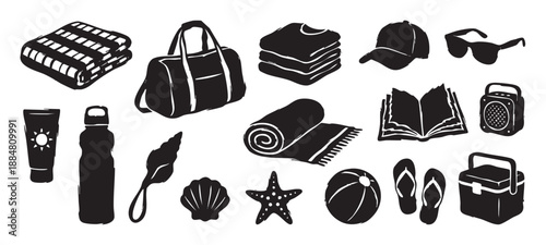 Collection of black beach vacation icons in a hand-drawn linocut style including a towel, bag, sunglasses, and flip-flops for a summer holiday theme