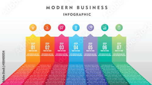 Modern Business Infographic Template with 7 Steps. Vector Set of Colorful Vertical Banners with Professional Strategy Icons and Text Placeholders