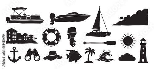Set of black stamp style icons showing nautical and tropical vacation themes including a pontoon boat, sailboat, lighthouse, anchor, fish, and a palm tree on an island