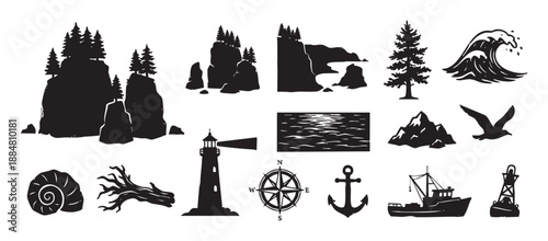Collection of black nautical silhouette icons featuring a lighthouse, anchor, fishing boat, and coastal elements in a rustic, hand-drawn vector style illustration set