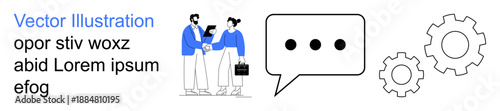 Business relationships, communication, teamwork, productivity concepts, collaboration, strategy. Two people shaking hands, speech bubble gears. Business communication and teamwork concept