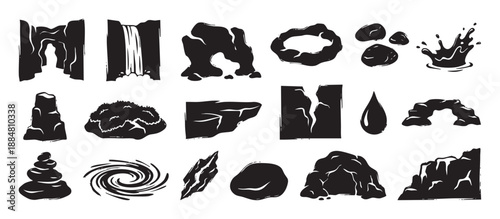 Set of black nature element silhouettes featuring various hand-drawn rock formations, water shapes, and landscape icons like a cave, waterfall, stone arch, and water splash