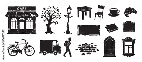 Collection of black city life icons in a rustic woodcut style featuring a cafe facade, street furniture, bicycle, van, and various architectural and food elements