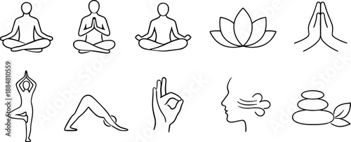 Set of black line icons representing yoga, meditation and mindfulness including seated poses, lotus flower, human silhouette with chakras, praying hands, sun, cloud, eye and hand gesture. Minimalist o