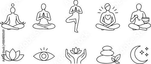 Set of black line icons representing yoga, meditation and mindfulness including seated poses, lotus flower, human silhouette with chakras, praying hands, sun, cloud, eye and hand gesture. Minimalist o