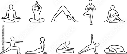 Set of black line icons representing yoga, meditation and mindfulness including seated poses, lotus flower, human silhouette with chakras, praying hands, sun, cloud, eye and hand gesture. Minimalist o