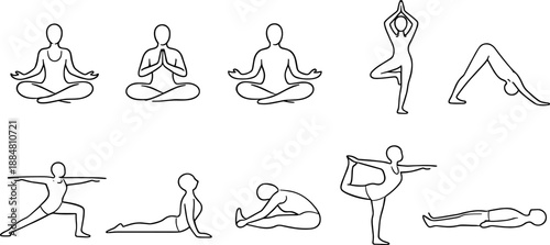 Set of black line icons representing yoga, meditation and mindfulness including seated poses, lotus flower, human silhouette with chakras, praying hands, sun, cloud, eye and hand gesture. Minimalist o