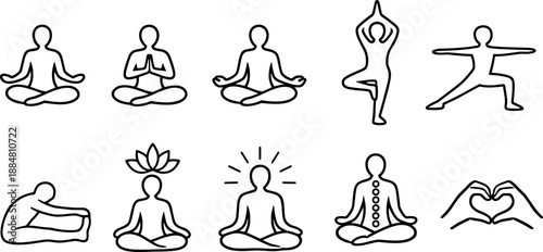 Set of black line icons representing yoga, meditation and mindfulness including seated poses, lotus flower, human silhouette with chakras, praying hands, sun, cloud, eye and hand gesture. Minimalist o