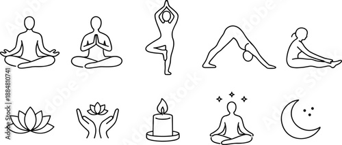 Set of black line icons representing yoga, meditation and mindfulness including seated poses, lotus flower, human silhouette with chakras, praying hands, sun, cloud, eye and hand gesture. Minimalist o