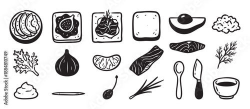 Set of hand-drawn food illustrations featuring breakfast and brunch ingredients in a bold, graphic linocut style, including avocado toast, salmon, figs, and fresh herbs