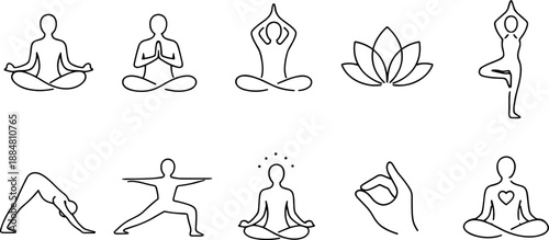 Set of black line icons representing yoga, meditation and mindfulness including seated poses, lotus flower, human silhouette with chakras, praying hands, sun, cloud, eye and hand gesture. Minimalist o