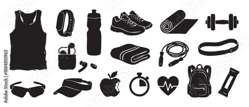 Collection of black hand-drawn fitness and sport equipment icons including a dumbbell, sneakers, and water bottle for an active lifestyle concept