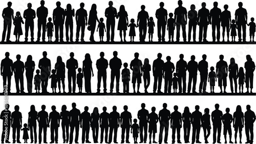 Silhouettes of diverse family and social groups standing together, showing unity, relationships, and demographic variation in black vector style