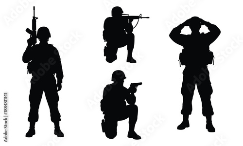 Silhouette collection of four soldiers in combat poses, military personnel with weapons, vector graphic