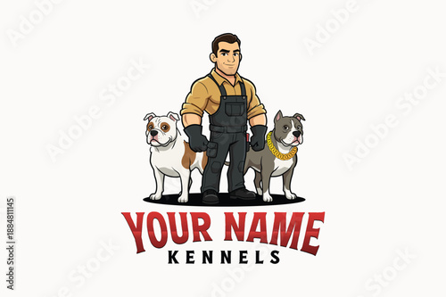 Dog kennel mascot logo with man and bulldog cartoon illustration
