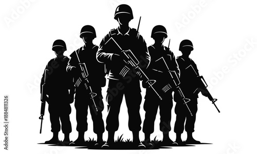Silhouette of five soldiers standing with assault rifles in formation, military team ready for action