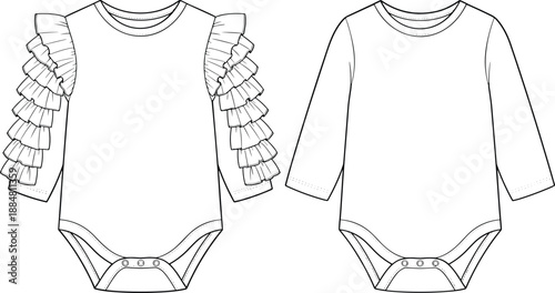 Technical sketch of baby bodysuits with ruffled and plain sleeve variations