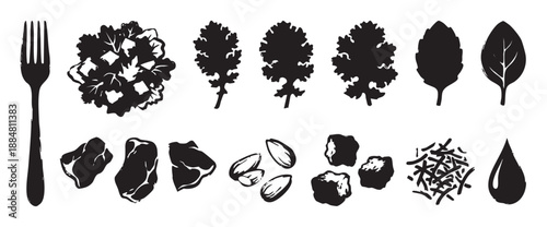 Black and white graphic illustration set of deconstructed salad ingredients including leafy greens, nuts, cheese, and a fork, depicted in a bold, stamp-like style