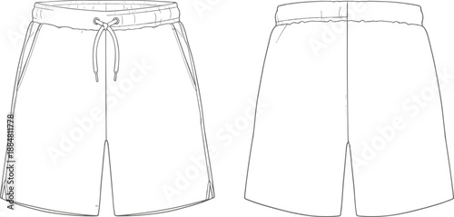 Technical flat sketch of shorts with drawstring waistband, side pockets, and center seam