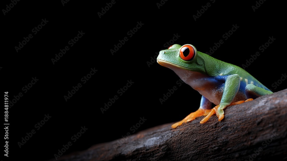 Obraz premium A vibrant tree frog rests on a branch in the dark. Its bright colors stand out beautifully against the black background. This nature photo captures the essence of wildlife. AI