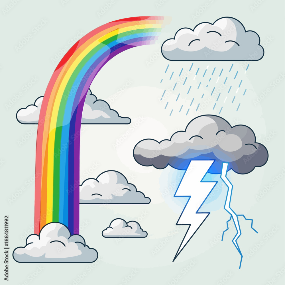 Obraz premium Rainbow and Weather: A vibrant rainbow arcs across a sky adorned with playful clouds, juxtaposed with the dramatic elements of a storm, creating a captivating illustration of weather phenomena.