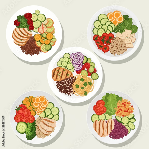 Colorful Culinary Compositions: A delightful arrangement of diverse food plates. Showcasing an artful presentation of ingredients, the plates offer a glimpse into healthy, delicious.