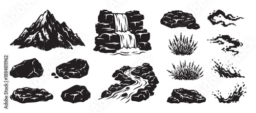 Set of black nature landscape elements including a mountain, waterfall, river, rocks, and plants in a graphic silhouette style for design and illustration