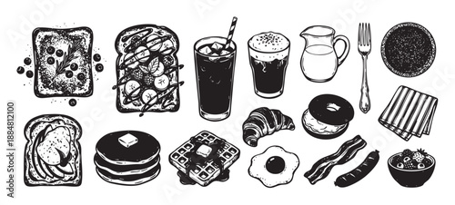 Hand drawn breakfast and brunch food illustrations set with pancakes, waffles, toast, eggs, bacon, and coffee in a rustic black and white sketch style for cafe menu design