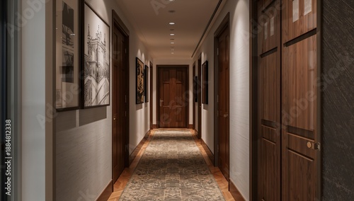Long Hallway With a Rug, Doors, and Wall Art in a Modern Interior Design Sett...