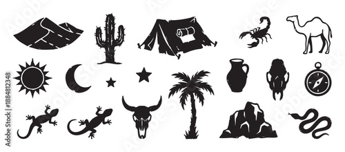 Set of black desert adventure and wildlife icons with a distressed stamp texture, including a cactus, camel, scorpion, skull, sun, moon, and compass for travel themes