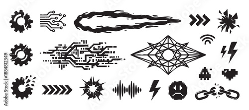Set of black distressed futuristic graphic elements featuring circuit boards, broken gears, explosions, and retro gaming icons with a rough, textured stamp effect