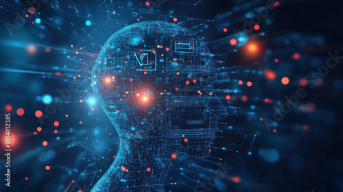 A futuristic digital illustration of a human head with glowing circuits and lights