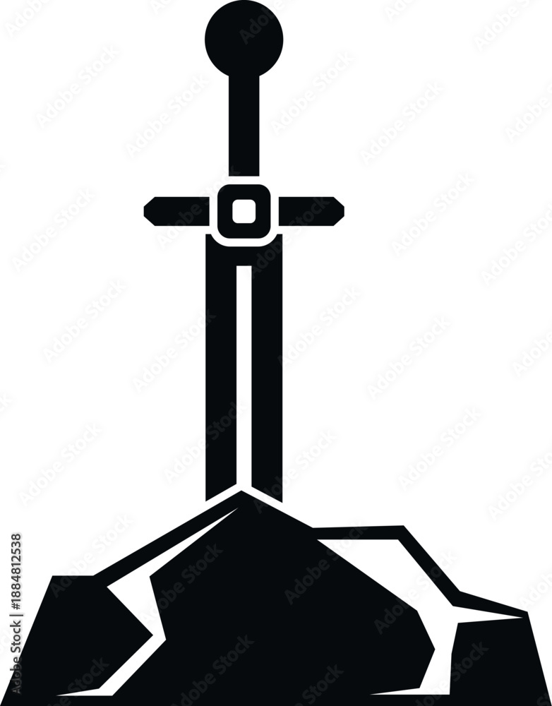 Naklejka premium Sword stuck in stone representing medieval legend and power