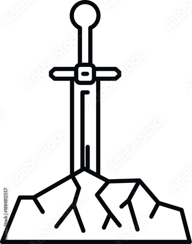 Sword hilt and blade piercing a cracked rock in a line art style