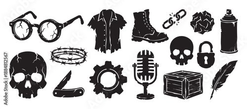 Set of black rebellious grunge icons including a skull, combat boot, broken chain, vintage microphone, and spray can, rendered in a distressed, hand-drawn silhouette style