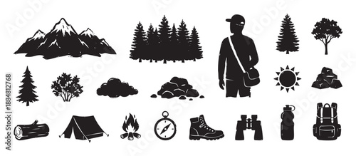 Set of black camping and hiking icons includes mountains, trees, a tent, backpack, and compass in a rustic, hand-drawn silhouette style for outdoor adventure themes