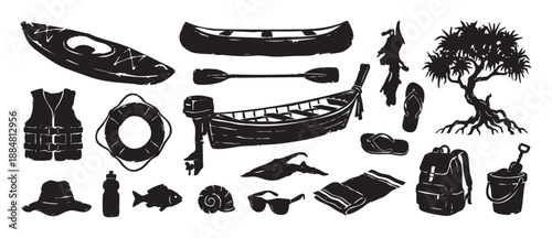 Collection of black summer vacation icons featuring a kayak, canoe, motorboat, and camping gear in a rustic hand-drawn woodcut print style for adventure travel themes