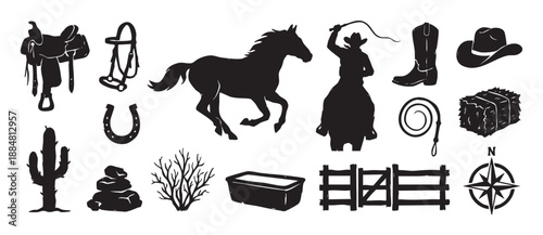 Black silhouette collection of western cowboy icons featuring a horse, rider, saddle, boot, hat, cactus, and horseshoe in a graphic, hand-drawn vector illustration style