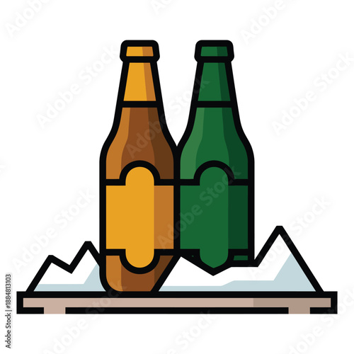 Two beverage bottles, one brown and one green, stand cooled upon a shelf with ice shards nearby.