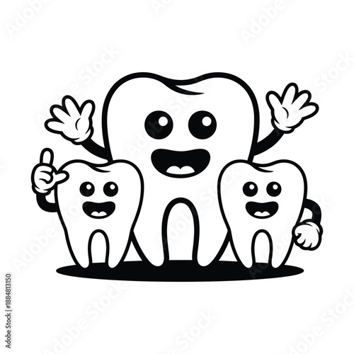 Cheerful black and white cartoon molar teeth family happily smile together showing good dental health.