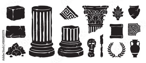 Collection of ancient Greek and Roman architectural elements and artifacts shown as black graphic silhouettes, including columns, an amphora, a laurel wreath, and stone ruins