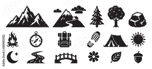 Black pixel art icon collection for camping and hiking, featuring retro 8-bit symbols of mountains, a tent, campfire, compass, backpack, and other nature elements