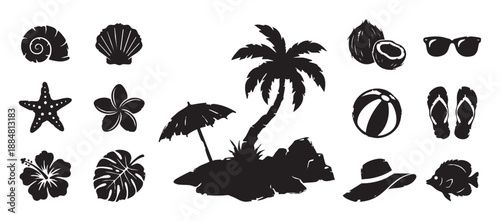 Set of black summer beach icons featuring a palm tree, seashell, starfish, coconut, and sunglasses in a graphic silhouette style for tropical vacation and travel concepts
