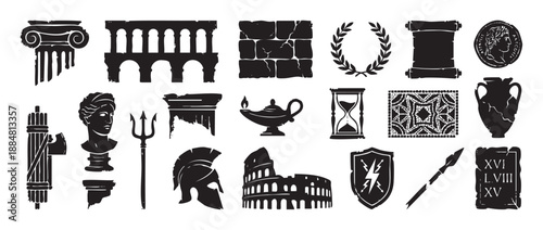 Collection of ancient Roman and Greek symbol silhouettes including a colosseum, helmet, and laurel wreath, presented in a distressed, historical vector art style