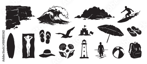Set of black grunge summer vacation icons featuring a surfer, ocean wave, sandcastle, lighthouse, and other beach elements in a distressed silhouette style