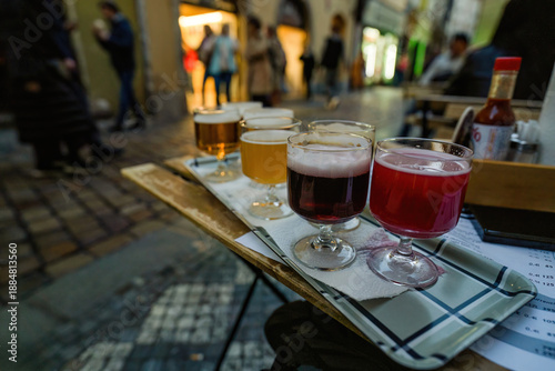 Photography Outdoor Beer Tasting On A Busy City Street At A Prague Cafe – Colorful Glasses O