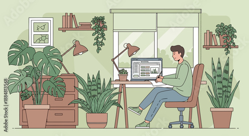 Person working at a desk surrounded by plants in a bright cozy room.