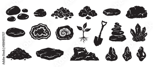 Set of black hand-drawn geology icons featuring rocks, minerals, fossils, crystals, coal, and a shovel in a rustic, graphic linocut style illustration for various nature concepts