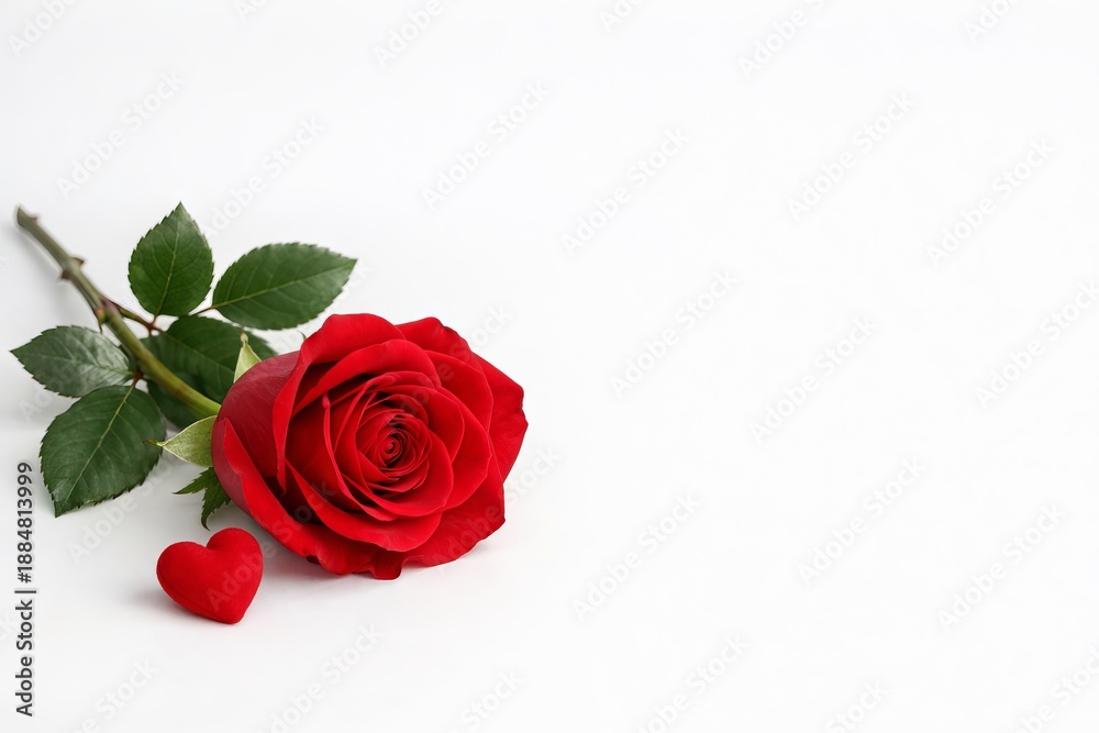 Fototapeta premium Single red rose and small heart on white background capturing essence of valentine's day love, romance, and passion. concept of romantic gesture, floral beauty, romantic celebration, copy space