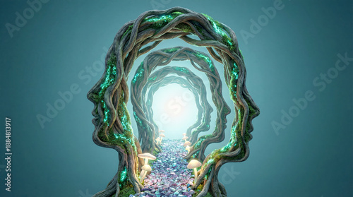 Ethereal Minds: An evocative artistic rendering portrays the multifaceted nature of human thought, imagination, and consciousness, suggesting an infinite journey into the depths of the mind.